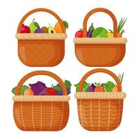 Picnic baskets. Wicker backet with fresh fruits. Pomegranate, pear, fig, kiwi, avocado mango Flat vector illustration