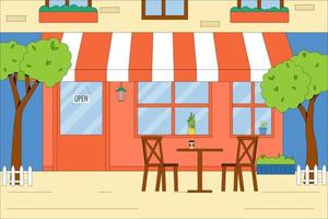 The building of the summer cafe with outdoor tables and chairs. Vector concept of a summer cafe. Flat vector illustration