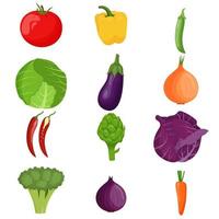 conjunto de verduras. comida vegetariana, concepto de alimentación saludable. tomate, pimiento, chile, guisante, repollo, alcachofa, berenjena cebolla zanahoria brócoli ilustración vectorial plana