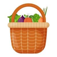 Picnic baskets. Wicker backet with fresh fruits. Cabbage, onion, peach. Flat vector illustration.