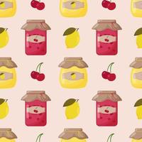 Glass jars of jam made of cherry and lemon with a closed lid seamless pattern. Cute vector illustration.