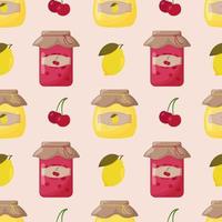 Glass jars of jam made of cherry and lemon with a closed lid seamless pattern. Cute vector illustration.