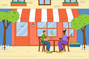 People relax and drink coffee outdoors. The building of the summer cafe with outdoor tables and chairs. Vector concept of a summer cafe.