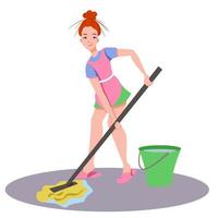 The girl washes the floors. House cleaning.