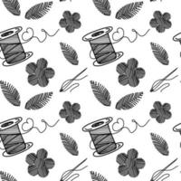 Seamless pattern of thread, needles, and embroidery, hand-drawn doodle elements in sketch style. Sewing thread, needle. Sewing. Embroidery. Flowers and leaves. Handmade. Vector simple illustration