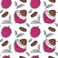 Seamless pattern of exotic lychee fruit hand-drawn sketch style doodle. Lychee. Fruit and leaves. Fruit. Vector simple illustration