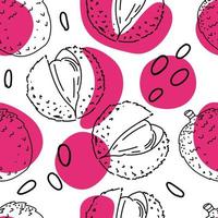 Seamless drawing of an exotic litchi fruit and a hand-drawn sketch style stain. Lychee. Abstract pink spots. Fruit. Vector simple illustration