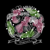 Set of silhouettes of tropical elements of tropical strelitzia flower, hibiscus, monster leaves, etc. on black background. Circular composition. Tropical inscriptions hand drawn on ribbon vector