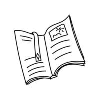 Open book, hand-drawn in sketch style. Reading. A book with pictures and a bookmark. Simple vector illustration