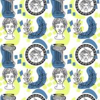 A seamless pattern of a bust of Perseus and a coin depicting Medusa Gorgon. Hand-drawn sketch-style doodle elements. The feat of Perseus. Greece. Laurel wreath on white background vector