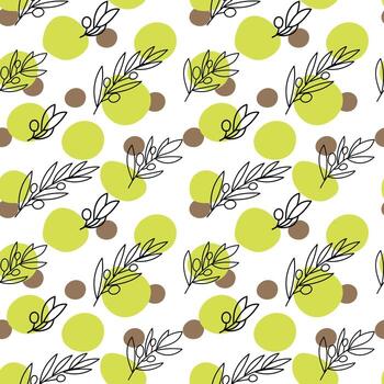 un patrón impecable de ramitas de olivo, elementos de garabatos dibujados al estilo boceto. oliva con bayas y manchas abstractas sobre un fondo blanco. Olivos vector