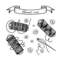 Set of sewing threads, hand-drawn doodles in sketch style. Bobbin of thread. Buttons. Sewing. Needlework. Thread. Vector simple illustration
