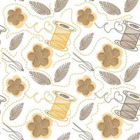 Seamless pattern of thread, needles, and embroidery, hand-drawn doodle elements in sketch style. Sewing thread, needle. Sewing. Embroidery. Flowers and leaves. Handmade. Vector simple illustration