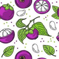 A seamless pattern of colorful mangosteen fruit, pulp, and leaves, hand-drawn sketches with doodle elements. Exotic Fruit. Thailand. Vector illustration