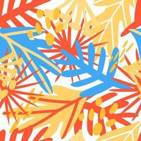 Seamless pattern of abstract tropical elements hand-drawn in doodle style. Monochrome spots in the form of tropical leaves and flowers. Bright colors. Tropics. Summer vector