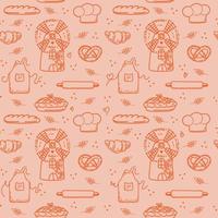 Seamless pattern with mill and baked goods, hand-drawn elements in doodle style. Mill, chef's hat, apron, rolling pin, bread, croissant, and bagel