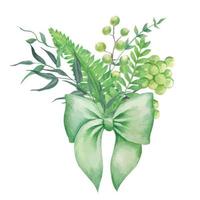 Green ferns and herbs bouquet with green bow, hand drawn vector watercolor illustration