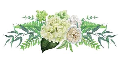 Symmetric lush white flowers bouquet with rose and green leaves, hand drawn vector watercolor illustration