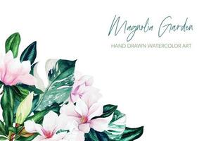 Watercolor magnolia leaves  and flowers, bright colors, corner frame, hand drawn vector illustration