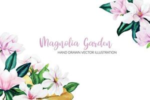 Watercolor magnolia leaves  and flowers, bright colors, corner frame, hand drawn vector illustration