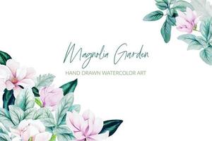 Watercolor magnolia leaves  and flowers, bright colors, corner frame, hand drawn vector illustration