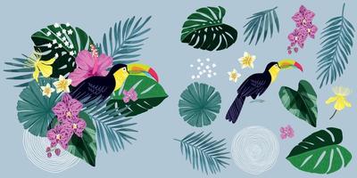 Tropical composition with toucan and tropical leaves and flowers vector