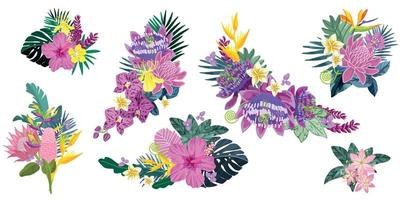 Set of tropical flower bouquets, hand drawn vector