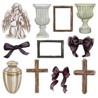 Funeral objects collection, vases and bows, hand drawn vector watercolor illustrations.