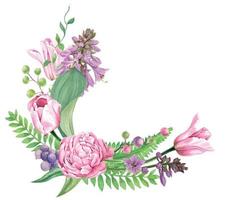 Floral wreath composed of tulips and hosta flowers, hand drawn vector watercolor illustration
