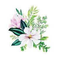 Magnolia and leaves, bright watercolor bouquet with fern, hand drawn vector illustration