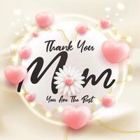 thank you mom happy mother's day greeting card white flower template heart shape 3d render style on red curtain wavy background vector