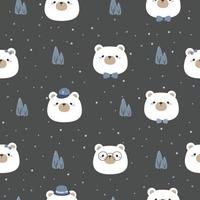 Seamless pattern with cute polar bear head cartoon on dark grey background vector