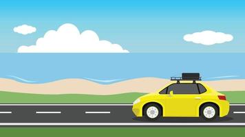 Traveling cars yellow color. Driving on an asphalt road. with roof rack mounted for long-distance tours with a spare tire. Environment of sand beach and sea under blue sky and white clouds. vector
