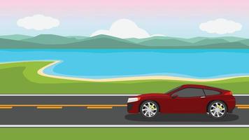 Traveling sport cars red color. Driving on an asphalt road. with. Environment of sand beach and far away island. Under evening sky and white clouds. vector