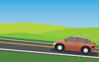 Traveling cars orange color. Driving on an asphalt road with up hills and surrounded by green grass and mountain. Wallpaper of meadow under clear blue sky. vector