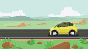 Vehicles car yellow color passing on highway are made of asphalt. cut through the open meadows. With mountains and sky for background. Flat style vector illustration. Flat style vector illustration.