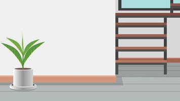 fondo de diseño de interiores dentro de la casa con maceta de árbol en el suelo. La escalera de acero que conduce al piso de arriba está a un lado. y el espacio vacío de la pared en medio de la casa. vector