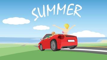 teenage girl in swimsuit in love having trip and car stop beside asphalt road. Show your two arms out to receive the sea breeze with boy at summertime vacation in flat vector cartoon illustration