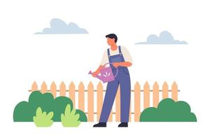 Man watering plants in the garden. Gardener working. Plant sprout growing and cultivation. Spring gardening concept. Flat vector illustration.