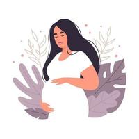 Happy pregnant woman with tummy on a background of leaves. Future mom of hugging belly with arms. Concept of pregnancy and motherhood. Flat vector illustration.