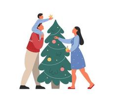 Happy family decorating Christmas tree. People preparing for holiday celebration. Family celebrating New Year Eve. Flat vector illustration.