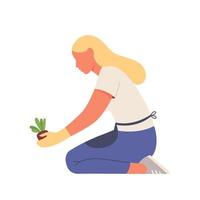 mujer plantando plantas. crecimiento y cultivo de brotes de plantas. mujer jardinera o agricultora. concepto de jardinería de primavera. ilustración vectorial plana. vector