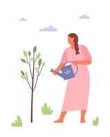 mujer regando un árbol en el jardín. jardinero trabajando. crecimiento y cultivo de brotes de plantas. concepto de jardinería de primavera. ilustración vectorial plana. vector