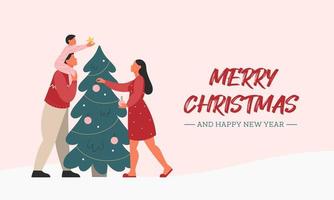 Merry Christmas background with happy family decorating Christmas tree. Family celebrating New Year Eve. Flat vector illustration.
