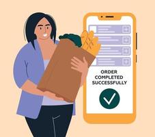 People and shopping. Woman with a grocery bag. Mobile phone. Buying groceries online, delivery by courier. Vector image.