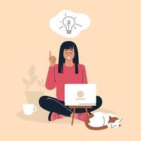 Online work. Girl with a laptop. Workflow, search for an idea. Freelancing, work from home. Vector image.