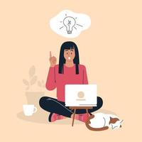 trabajo en línea chica con una computadora portátil. flujo de trabajo, busque una idea. freelance, trabajo desde casa. imagen vectorial vector