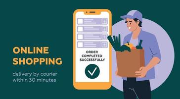 People and shopping. A man with a grocery bag. Mobile phone. Buying groceries online, delivery by courier. Vector image.