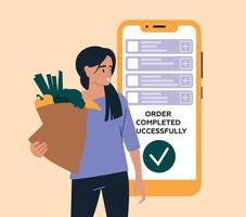 People and shopping. Woman with a grocery bag. Mobile phone. Buying groceries online, delivery by courier. Vector image.