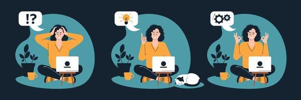 Online work. Girl with a laptop. Stages of work. Problem, search for an idea, implementation of the task. Freelancer, work from home. Set of illustrations. Vector image.